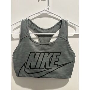 Nike Gray Stretch Racerback Sports Bra Pullover Wireless Logo Accent Women.